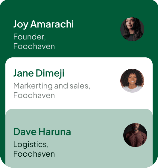 Three stacked team member profile cards for a company called Foodhaven