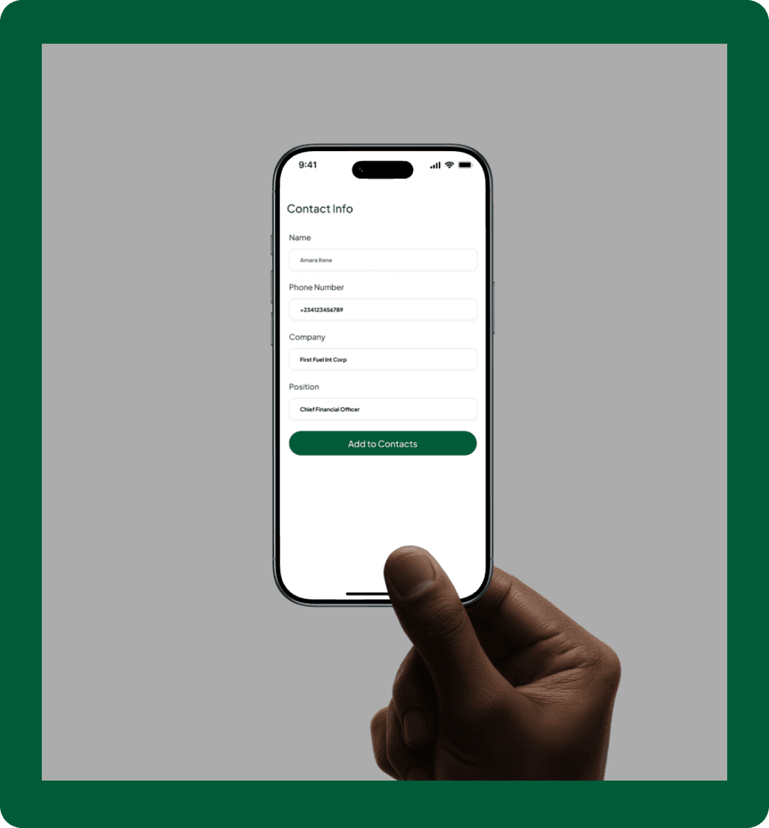 Phone showing a contact info form being added via NFC tap