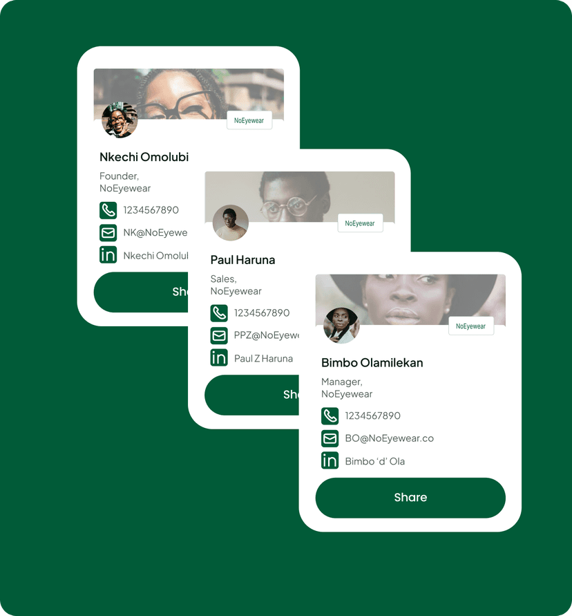 Three saved MyKànsi contact cards for NoEyewear team members