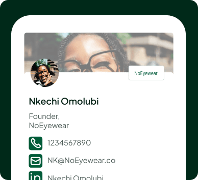 Phone preview of a saved MyKànsi contact profile with name, role, and contact links